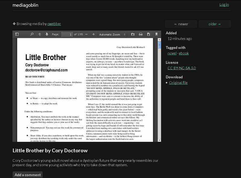Little Brother PDF showing in MediaGoblin