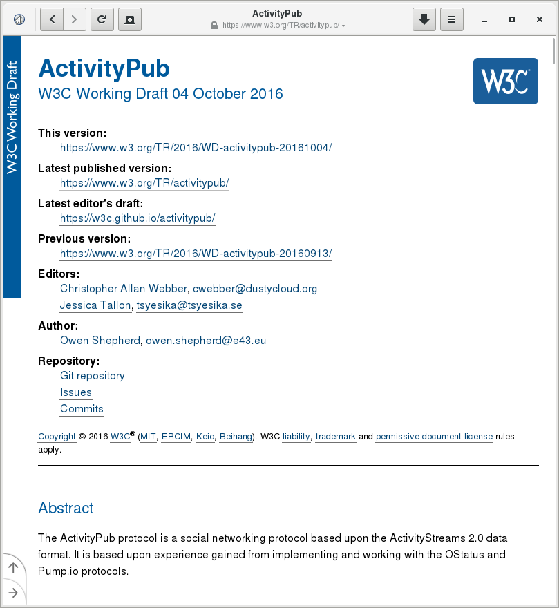 Screenshot of ActivityPub Working Draft