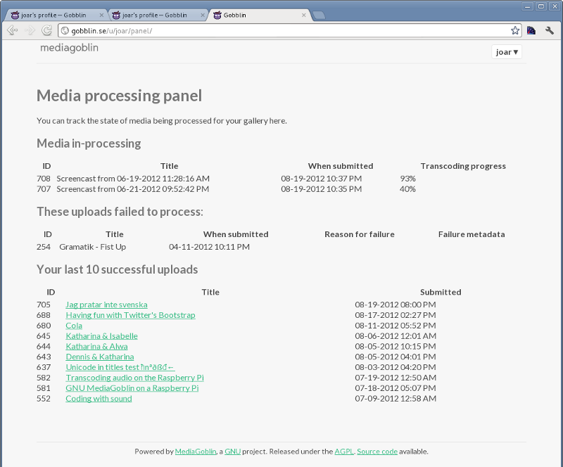 Processing panel showing off uploads done and in progress