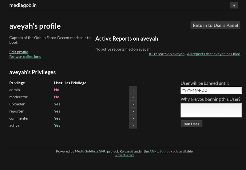 User panel for administrators